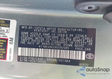 2009 Toyota Camry Xle V6 из США, поврежденный, VIN 4T1BK46K29U592585